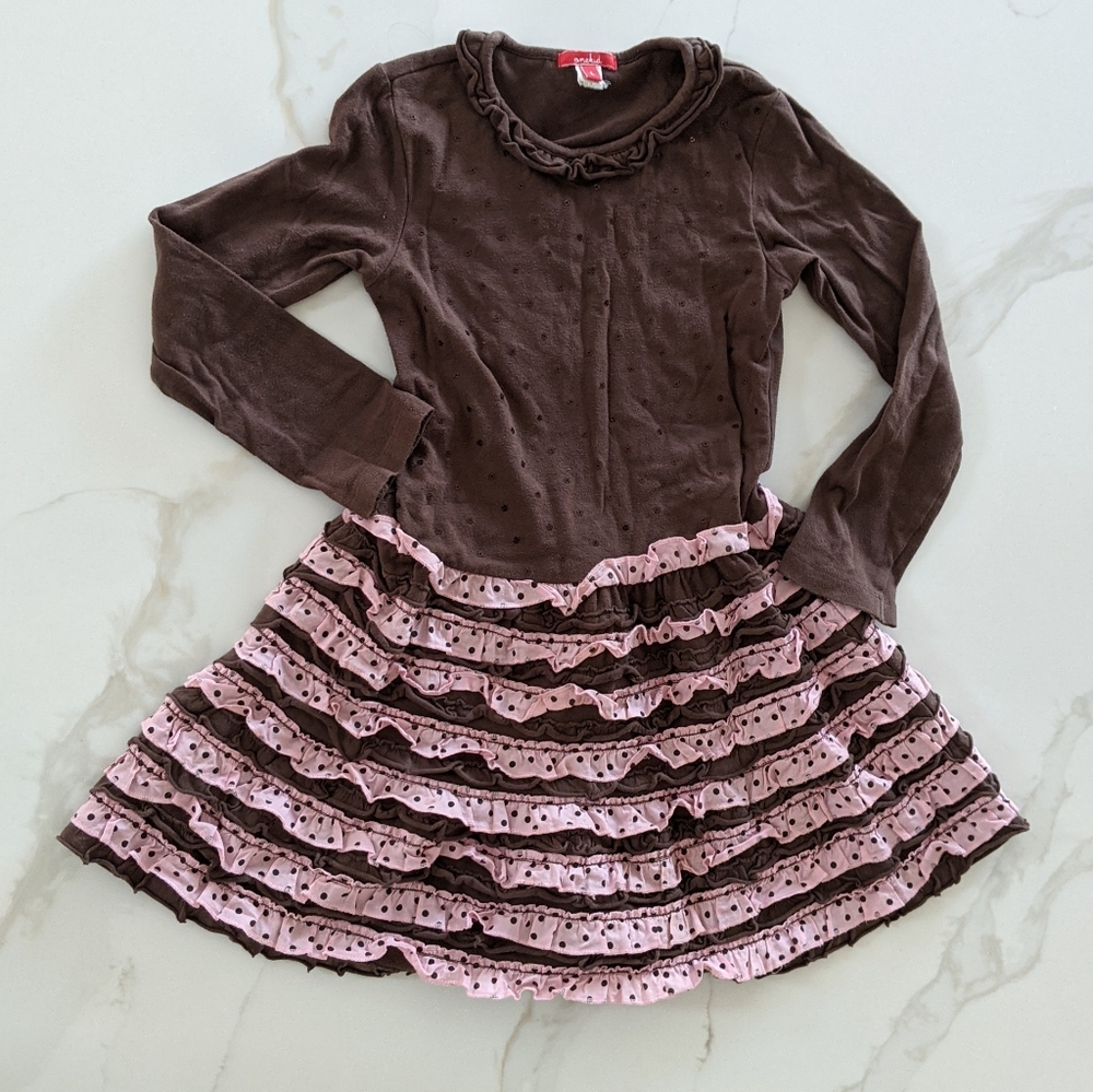 Pretty Girls long sleeve sequin brown/pink ruffle Dress!Size 6 party occasion